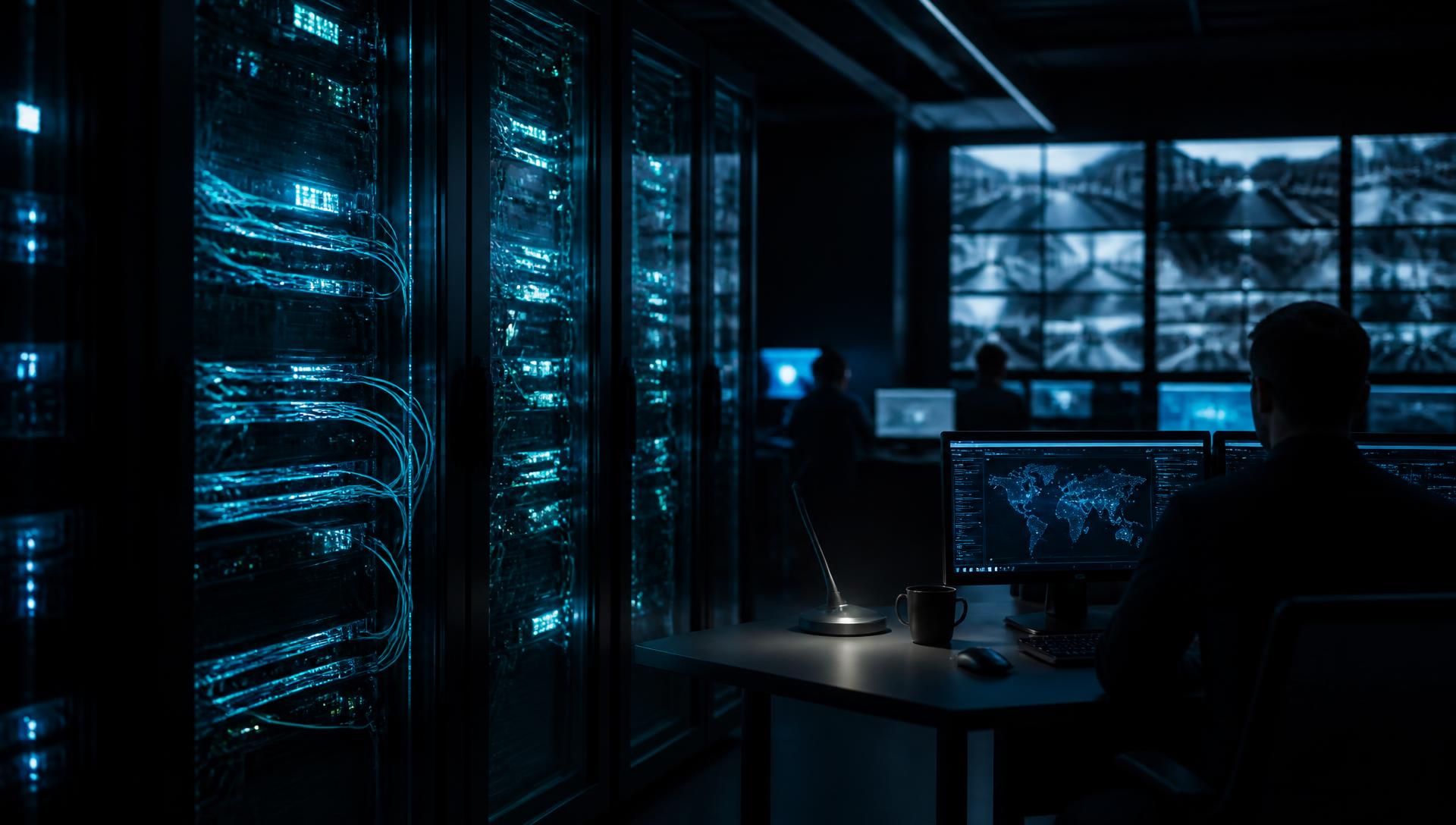 Enterprise network operations center with server racks and video surveillance monitors